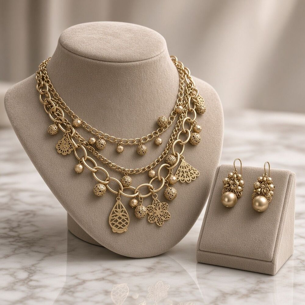 Vntg Gold Tone Multi Strand Filigree Charm Necklace Earrings Set Layered Dangles